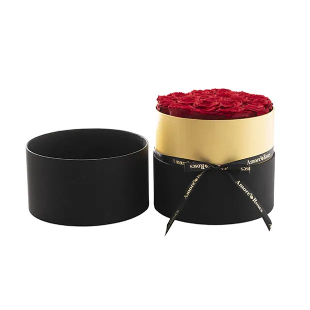Amore Forever Rose x20 Head in Black Hat Box Red (23x26cmH)