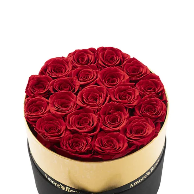 Amore Forever Rose x20 Head in Black Hat Box Red (23x26cmH)