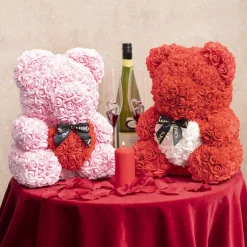 Amore Rose Bear Large w Red Heart & Black Bow Pink (35cmH)