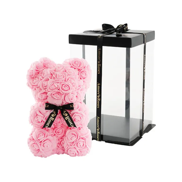Amore Rose Bear w Black Bow Soft Pink (25cmH)