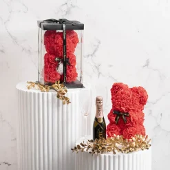 Amore Rose Bear w Black Bow Red (25cmH)