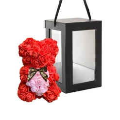 Amore Rose Bear w Heart & Black Bow Red (25cmH)