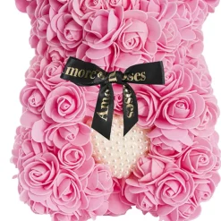 Amore Rose Bear w Pearl Heart & Black Bow Pink (25cmH)