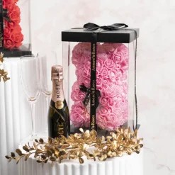 Amore Rose Bear w Pearl Heart & Black Bow Pink (25cmH)