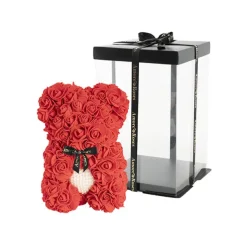 Amore Rose Bear w Pearl Heart & Black Bow Red (25cmH)