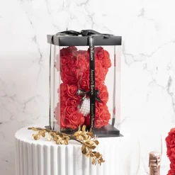 Amore Rose Bear w Pearl Heart & Black Bow Red (25cmH)