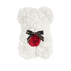 Amore Rose Bear w Red Flower & Black Bow White (25cmH)