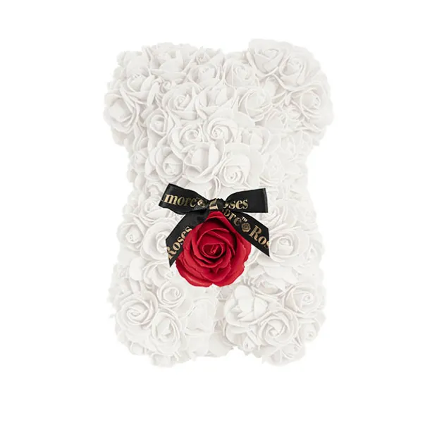 Amore Rose Bear w Red Flower & Black Bow White (25cmH)