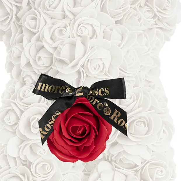 Amore Rose Bear w Red Flower & Black Bow White (25cmH)