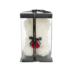 Amore Rose Bear w Red Flower & Black Bow White (25cmH)