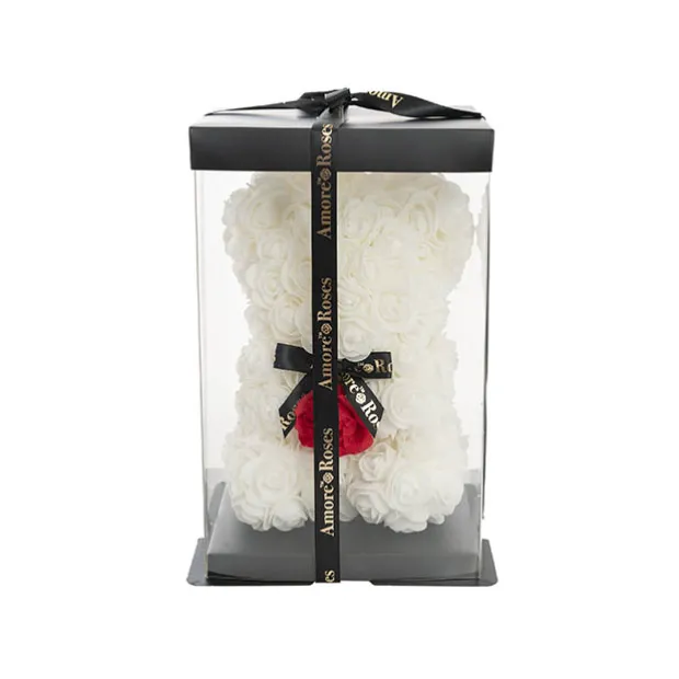 Amore Rose Bear w Red Flower & Black Bow White (25cmH)
