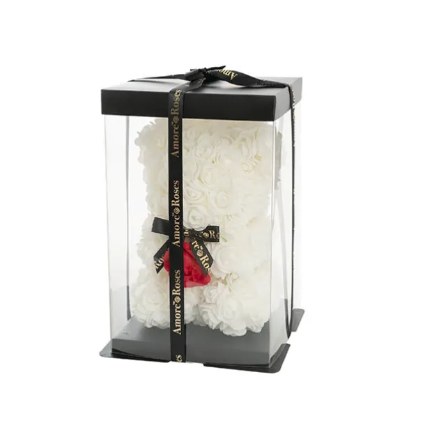 Amore Rose Bear w Red Flower & Black Bow White (25cmH)