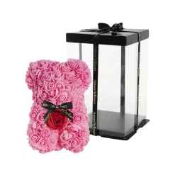 Amore Rose Bear w Red Flower & Black Bow Pink (25cmH)