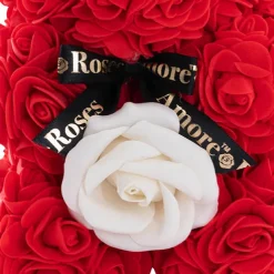 Amore Rose Bear w White Flower & Black Bow Red (25cmH)