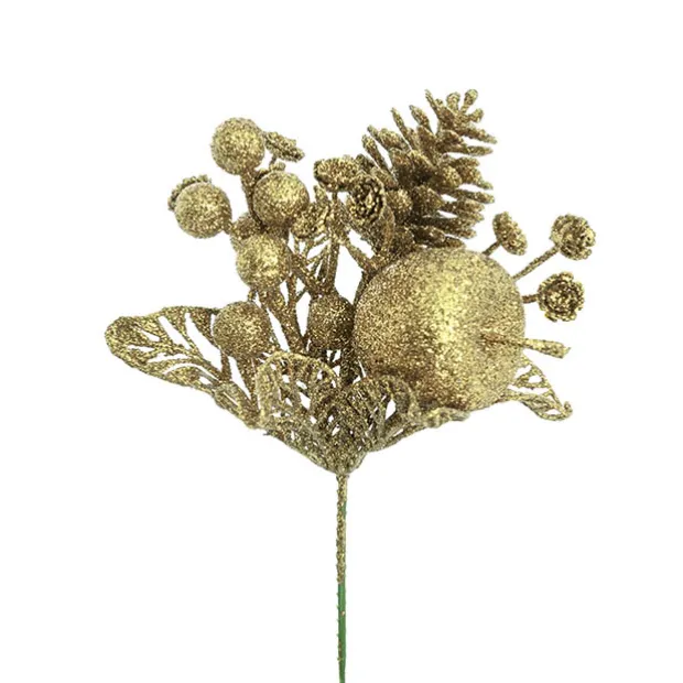 Apple Berries & Pinecone Christmas Pick Gold (26cmH)