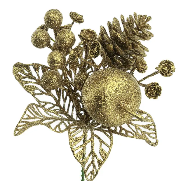Apple Berries & Pinecone Christmas Pick Gold (26cmH)