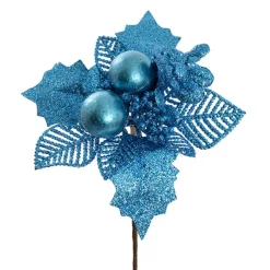 Bauble Leaf Christmas Picks Pack 4 Blue (20cmH)