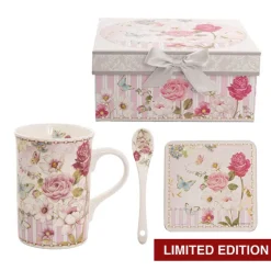 Butterfly Rose Mug Spoon Coaster Gift Set Soft Pink (320mL)