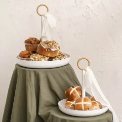 Cake Plate w Handle Metal Set 2 White (25cmD & 29cmD)