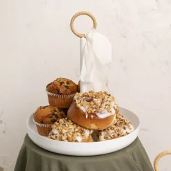 Cake Plate w Handle Metal Set 2 White (25cmD & 29cmD)