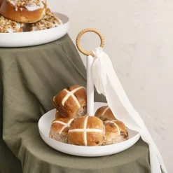 Cake Plate w Handle Metal Set 2 White (25cmD & 29cmD)