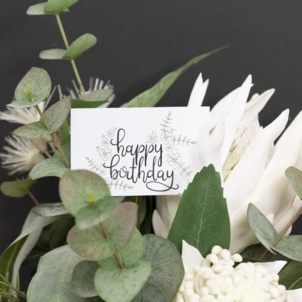 Cards White Happy Birthday Drawn Flowers (10x6.5cmH) Pack 50