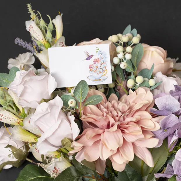 Cards White Hummingbird & TeaCup Flowers (10x6.5cmH) Pack 50