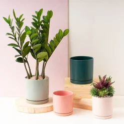 Ceramic Loreto Plant Pot & Plate Matte Pink Sand (15Dx15cmH)