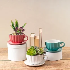 Ceramic Tea Cup Pot Saucer Drainage Hole Pink (15TDx10cmH)