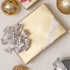 Christmas Tear Ribbon Merry Christmas White Gold (30mmx91m)