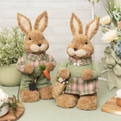 Country Female Bunny w Flower Basket Green (38cmH)