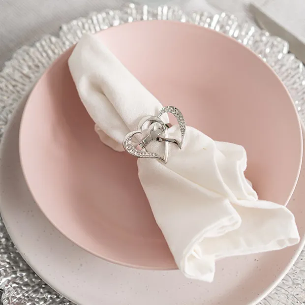 Diamante Heart Napkin Ring Pack 4 Silver (4cmD)