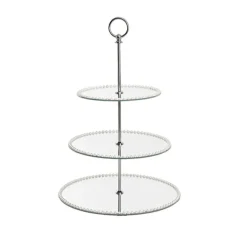 Elegant Cake Stand 3 Tier Mirror Pearl Edge Silver (46cmH)