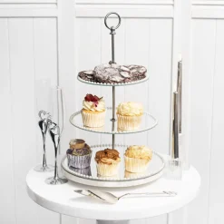 Elegant Cake Stand 3 Tier Mirror Pearl Edge Silver (46cmH)