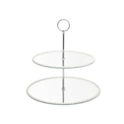 Elegant Cake Stand 2 Tier Mirror Pearl Edge Silver (32cmH)