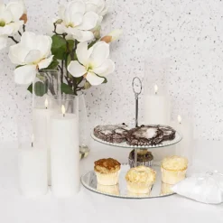 Elegant Cake Stand 2 Tier Mirror Pearl Edge Silver (32cmH)