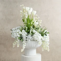 Fibreglass Compote Planter Limestone White (39cmDx25cmH)