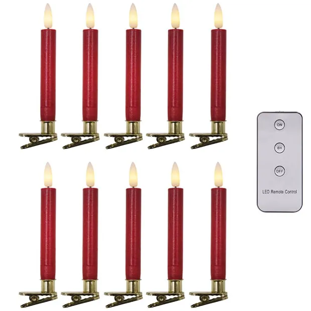Flickering LED Slim Candle Clips Pack 10 Red (1.5cmx12.5cmH)