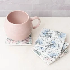 Floral Ceramic Coaster Set 4 Pink & Blue (10x10x3.4cm)