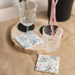 Floral Ceramic Coaster Set 4 Pink & Blue (10x10x3.4cm)