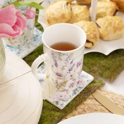 Floral Ceramic Coaster Set 4 Pink & Blue (10x10x3.4cm)