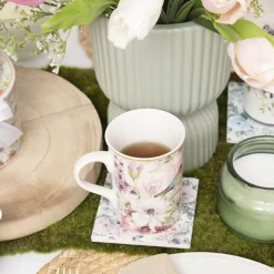 Floral Ceramic Coaster Set 4 Pink & Blue (10x10x3.4cm)