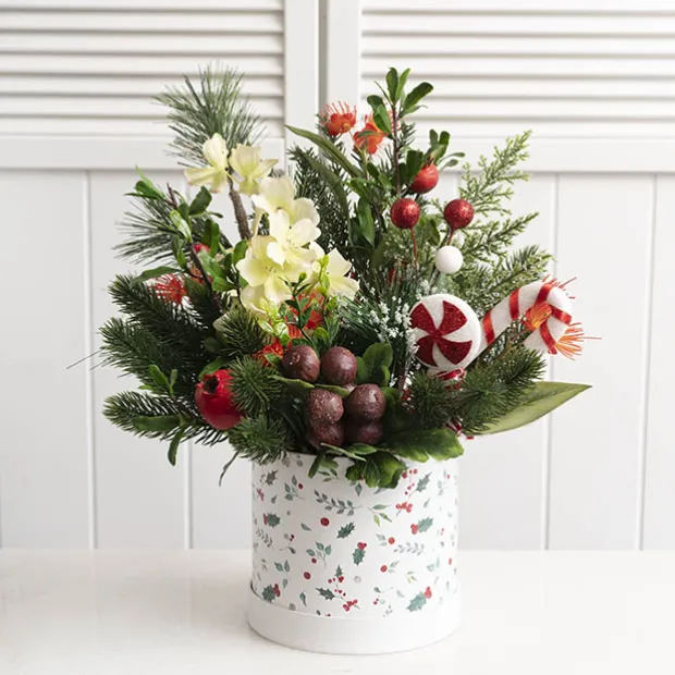 Flower Gift Hat Box Round Holly White (15cmWx13.5cmH)