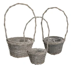 Flower Girl Basket Long Handle Set 3 Gry w Liner (26Dx17cmH)