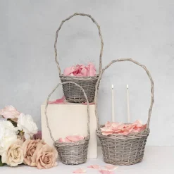 Flower Girl Basket Long Handle Set 3 Gry w Liner (26Dx17cmH)