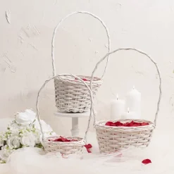 Flower Girl Basket Long Handle Set 3 White (26Dx17cmH)