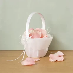 Flower Girl Basket w Heart Diamante White (12.5cmDx22cmH)