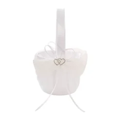 Flower Girl Basket w Heart Diamante White (12.5cmDx22cmH)