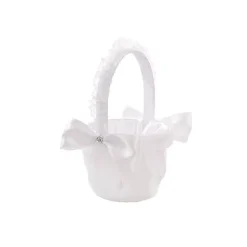 Flower Girl Basket w Lace & Bow White (12.5cmDx22cmH)