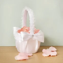 Flower Girl Basket w Lace & Bow White (12.5cmDx22cmH)